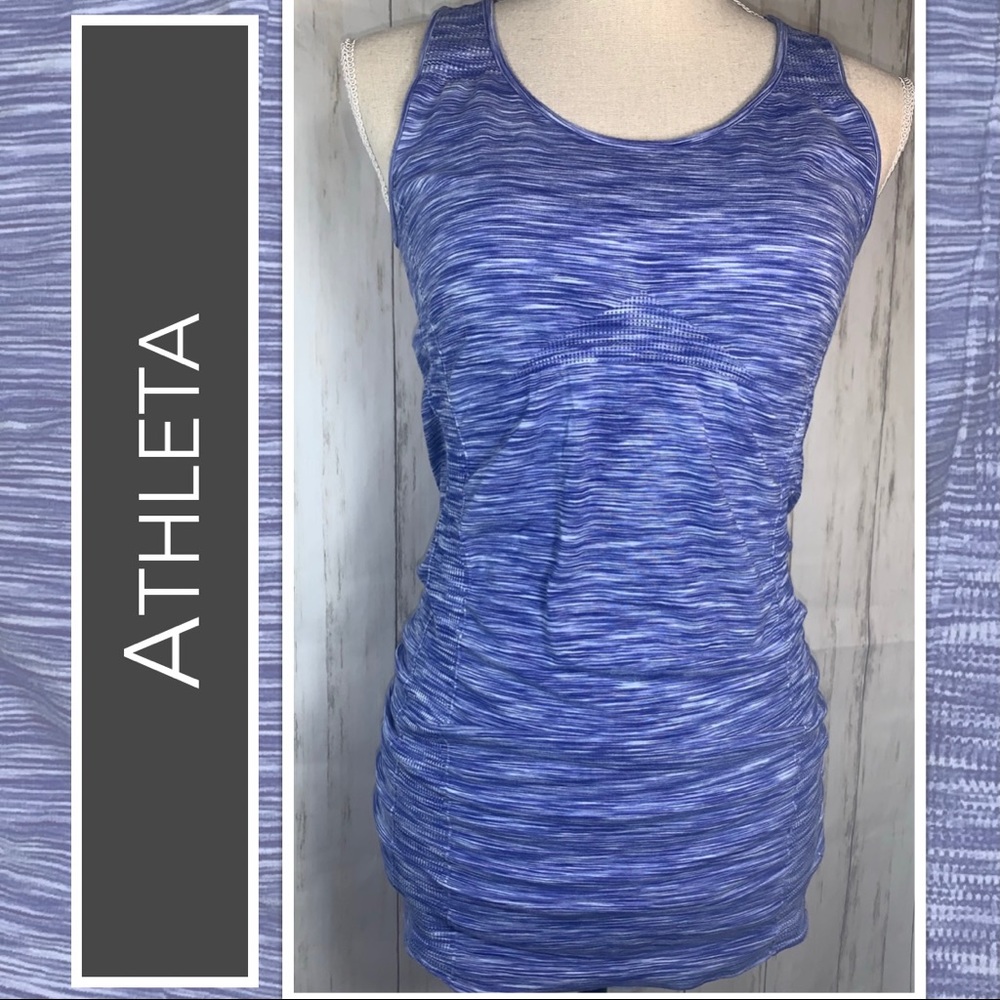 Athleta Sleeveless Tank, Ruched, Gathered with Ribbed Accent Purple & White